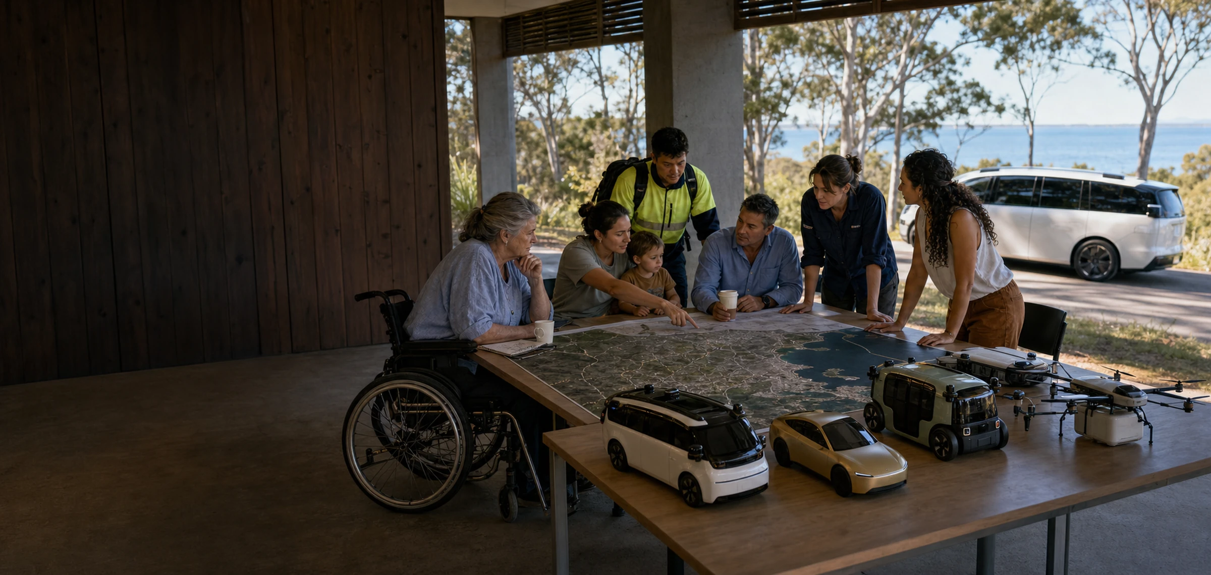 Local people reviewing a Moreton Bay route map with autonomous vehicle and delivery aircraft models