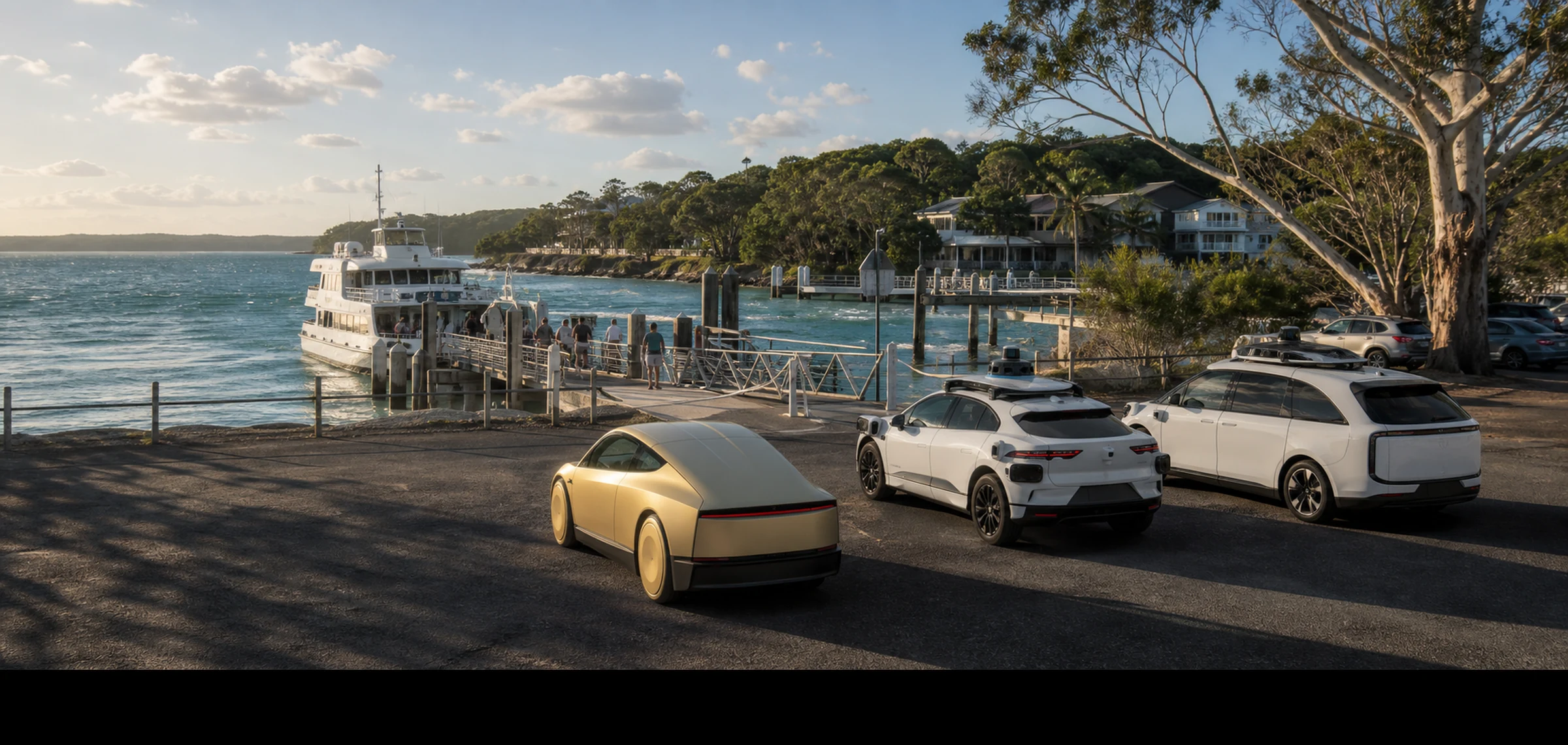 Tesla Cybercab, Waymo Jaguar I-PACE and Baidu Apollo RT6-style robotaxis at an island ferry terminal beside Moreton Bay