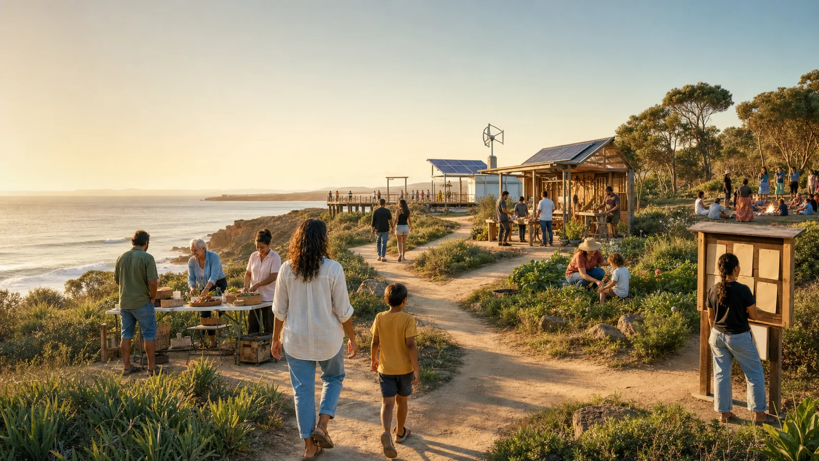 A coastal path splitting into several signless routes with a mutual-aid table, cooperative workshop, home garden, energy pier, blank noticeboard, and cultural learning circle.