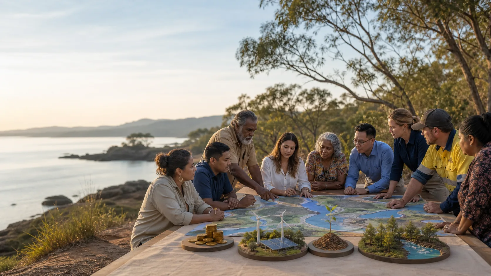 An outdoor negotiation table with First Nations representatives, residents, government workers, builders, a large map, future fund seedlings, protected habitat, and co-owned renewable energy models.