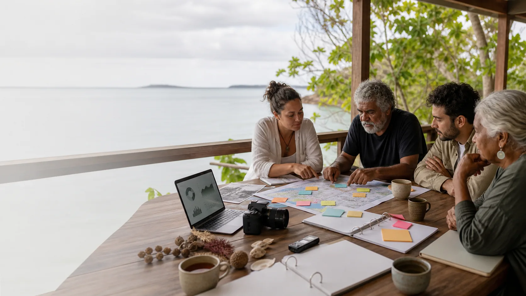 A veranda facing Moreton Bay with maps, blank binders, sticky notes, a laptop with simple charts, a voice recorder, shells, tea, and people checking sources.