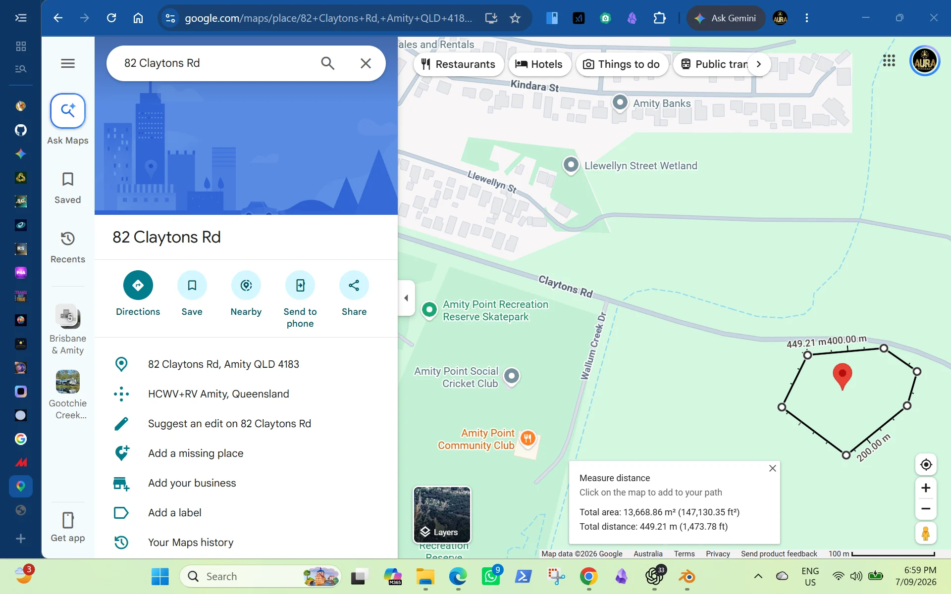 Supplied Google Maps working measurement of 82 Claytons Road