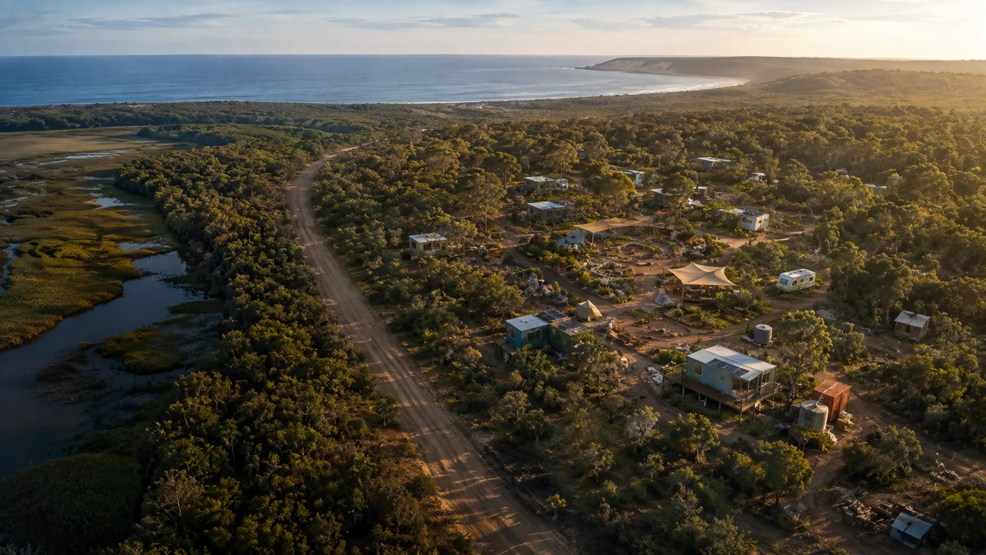Generated concept view of an adaptable inland community within retained Minjerribah coastal scrub