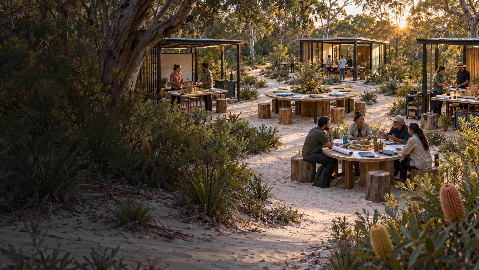 Generated concept of separate community planning tables connected by sandy paths in inland Minjerribah bush