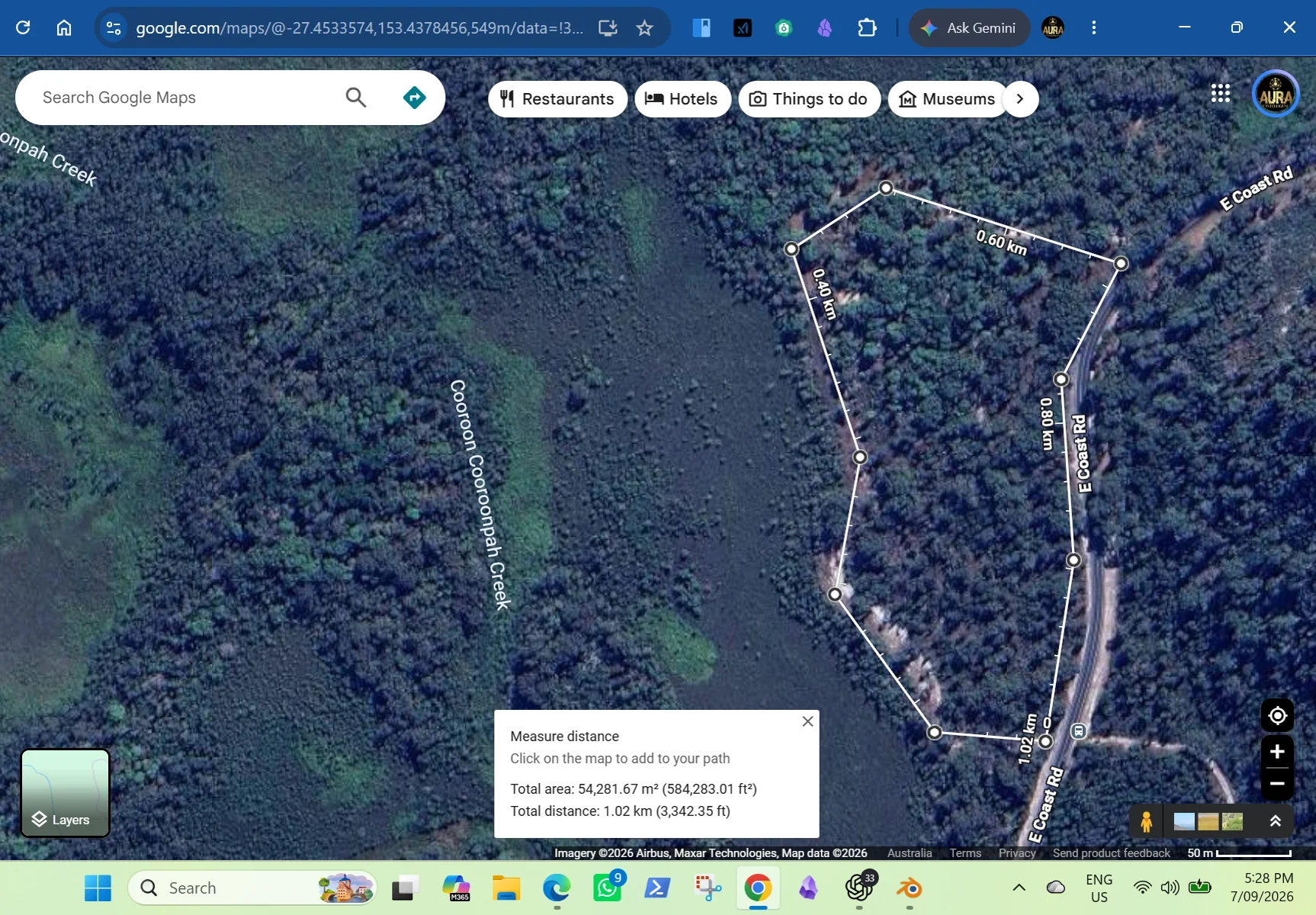 Google Maps aerial working measurement of the 7 Mile area inside the existing firebreak