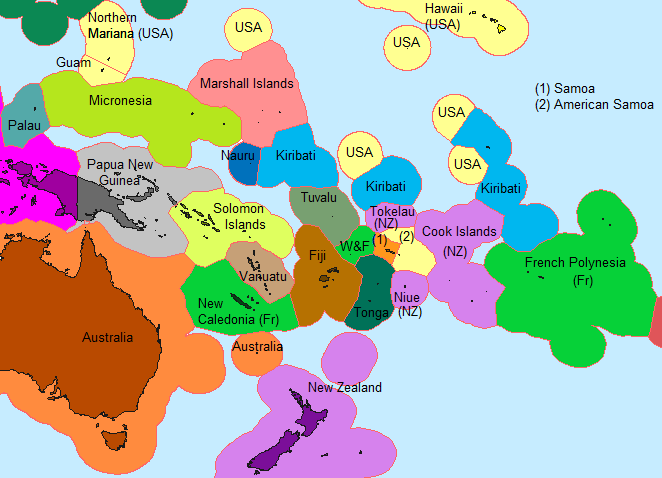 Political map of Oceania with country and territory labels from Wikimedia Commons