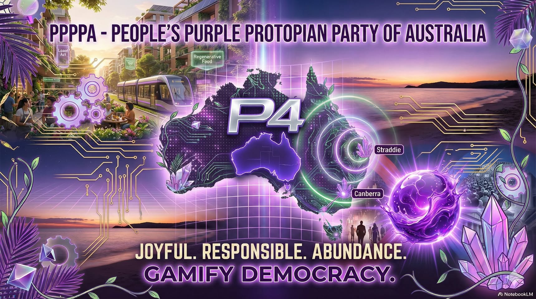 Purple and blue civic artwork adapted from the P4A visual system