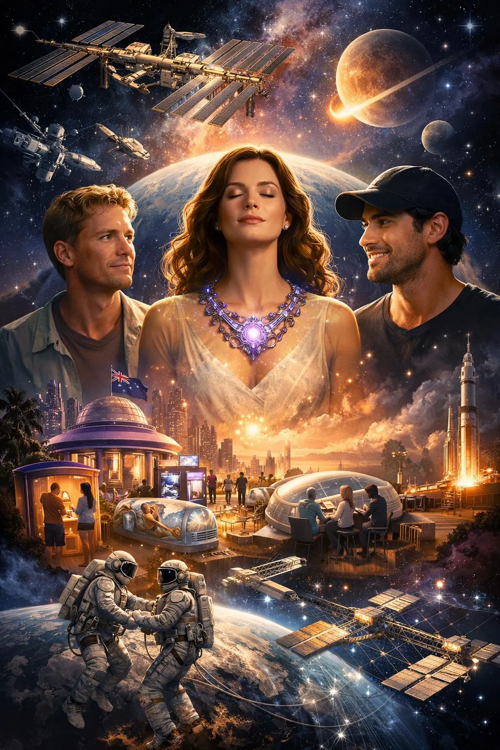 Alien Necklace film poster: a woman wearing a glowing purple alien necklace between the two founders, with space stations, astronauts, a ringed planet and a future Australian city rising from Earth