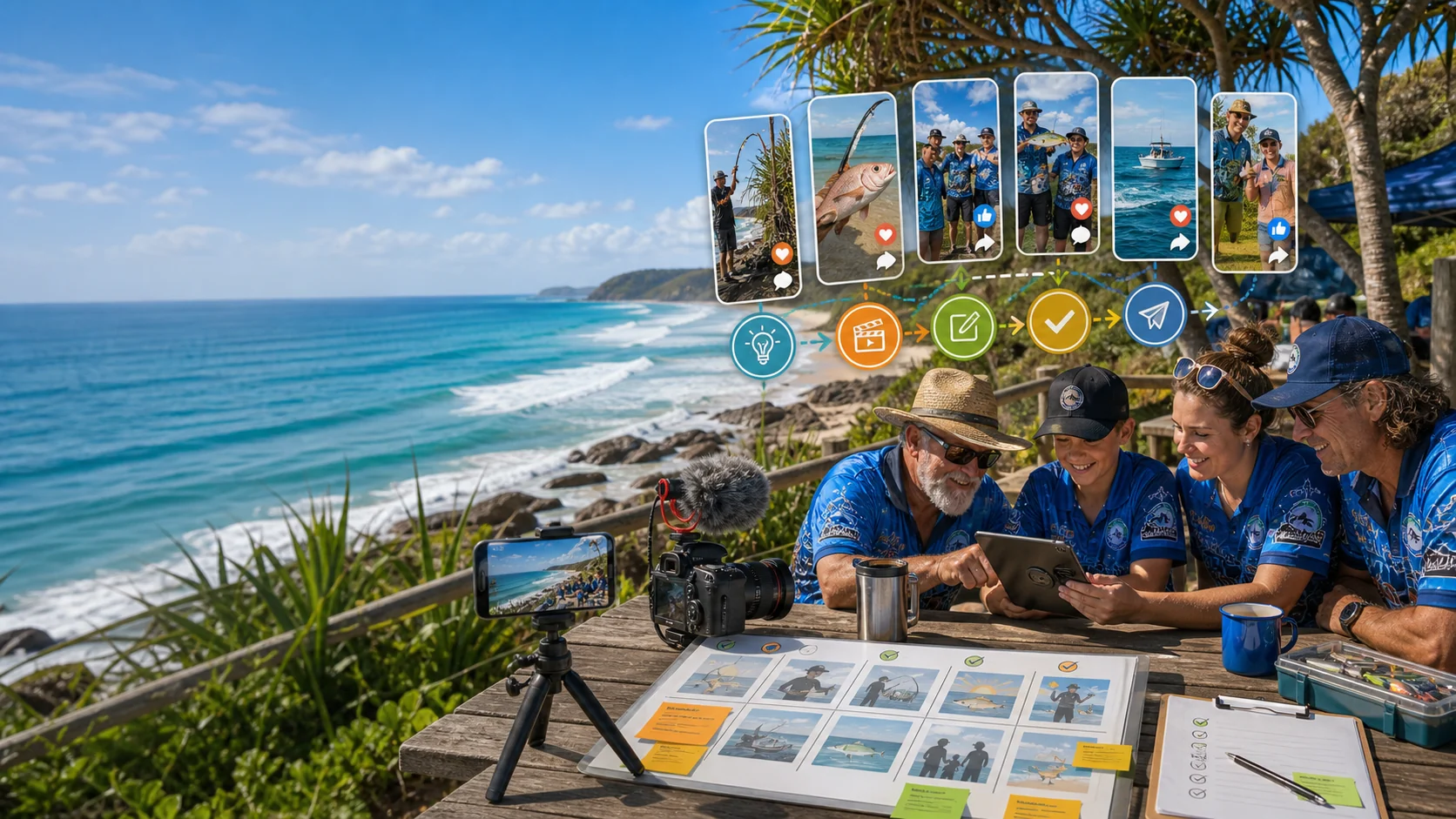 Social content planning cards on a sunny coastline
