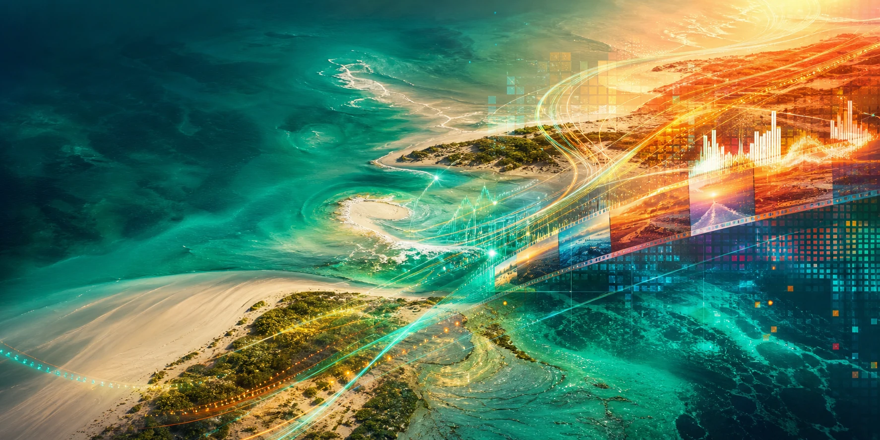 Abstract coastal media landscape with waves, film frames, sound and light signals