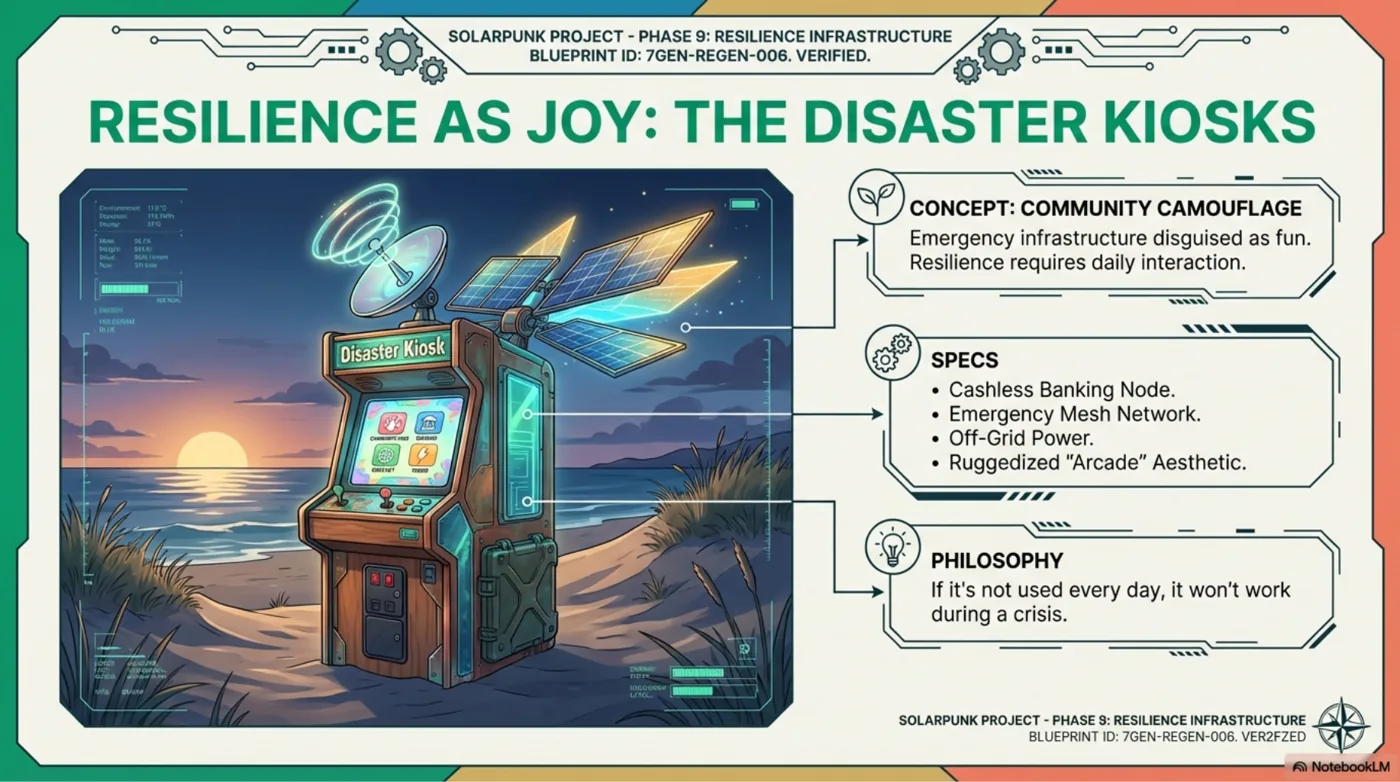 Illustrated public kiosk concept showing useful resilience infrastructure in a coastal community setting.