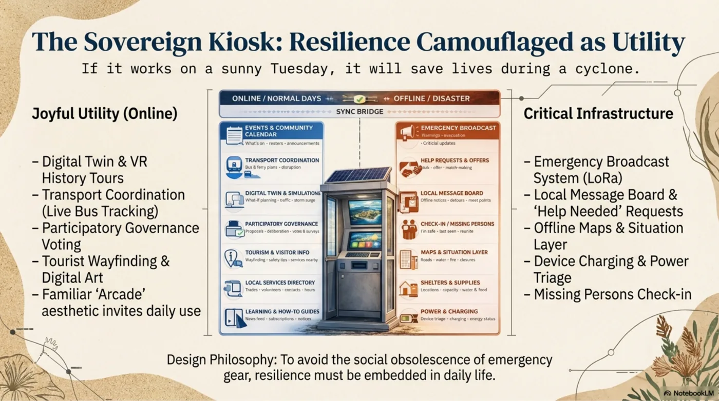 Concept diagram showing a kiosk that is useful on normal days and ready for resilience mode when needed.
