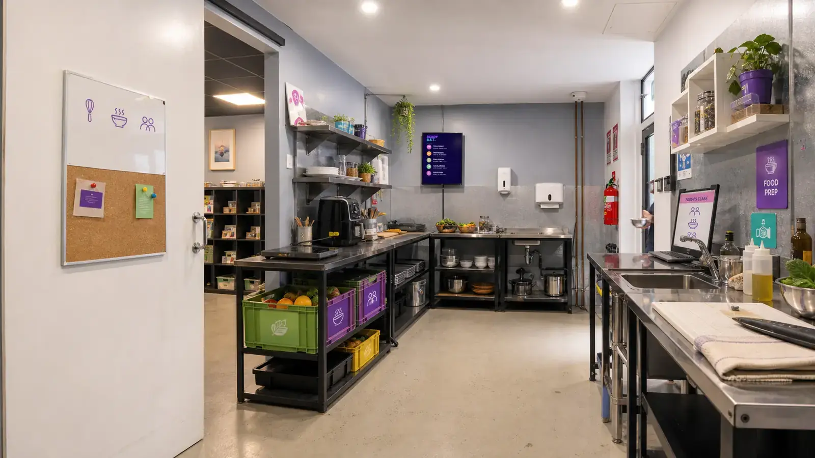 Generated concept image of the 9 Ballow Road wet area as a food prep class and clean workshop room.