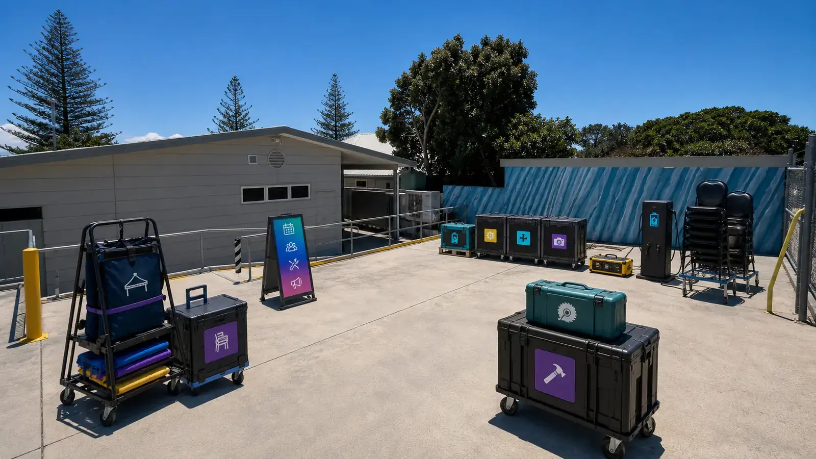 Generated concept image of the rear parking and loading area with event crates, equipment cases, digital kiosk and charging station.