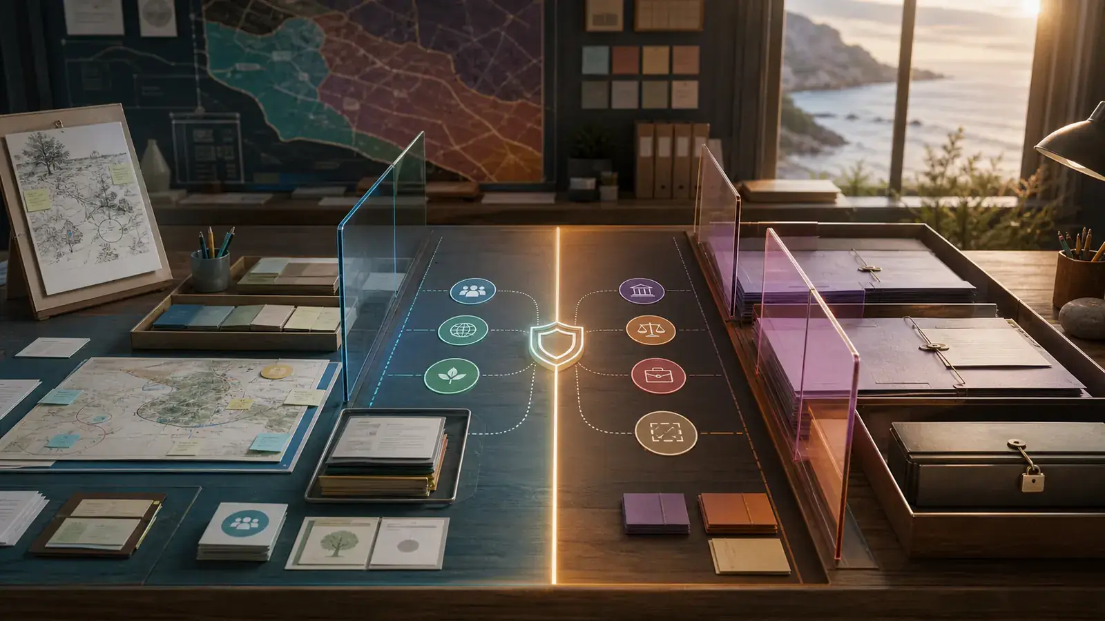 Concept art of a public and private boundary map with careful folders, source sheets and protected zones.