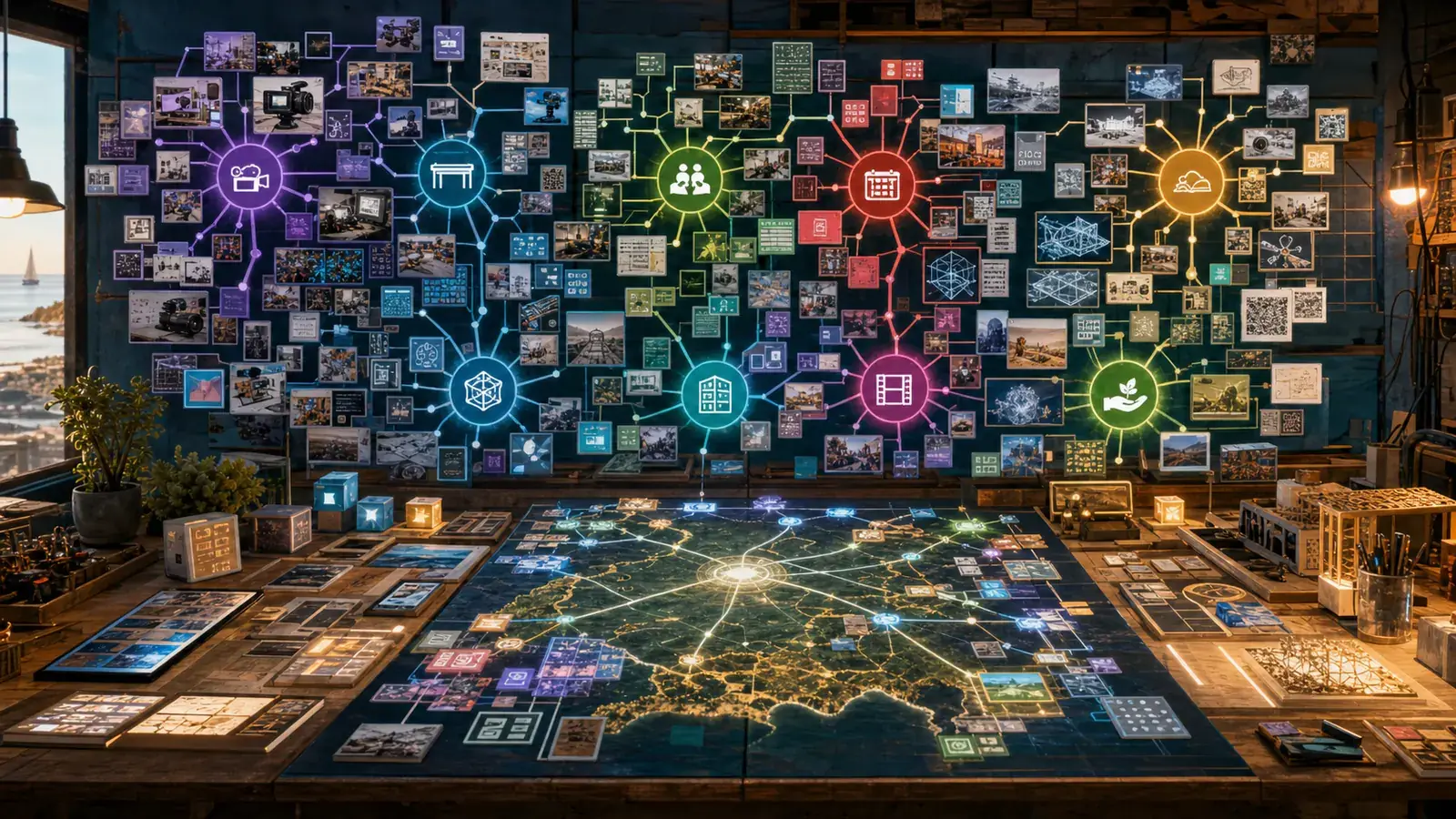 Concept art of a growing ecosystem wall and tabletop map with connected public project tiles.