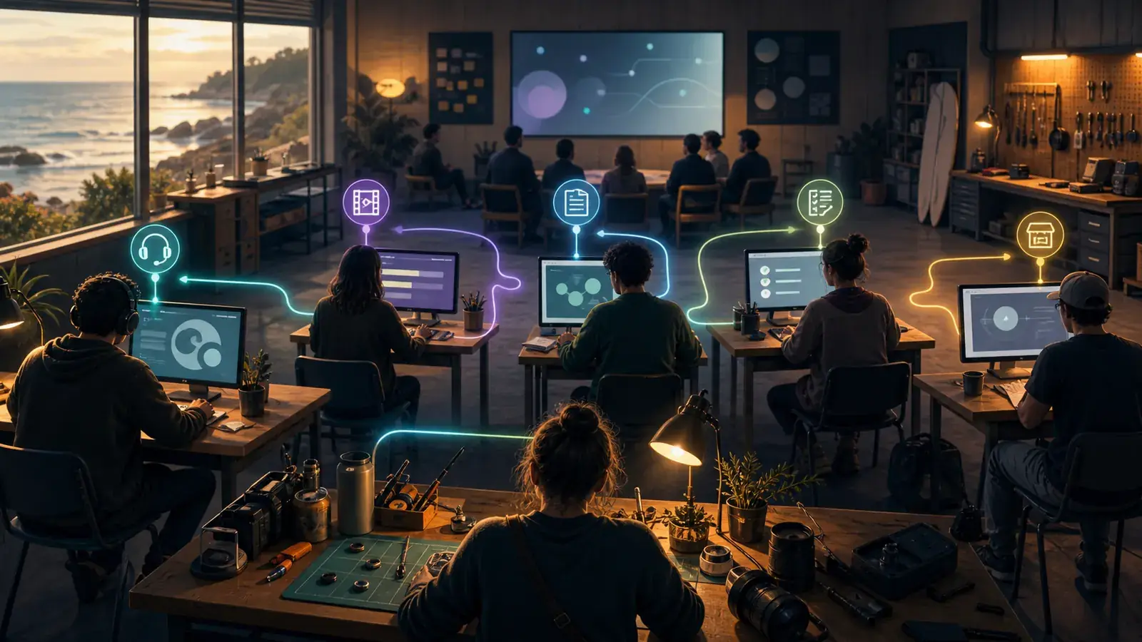 Concept art of a coastal training room where local workstations are connected by quiet AI-assisted pathways.