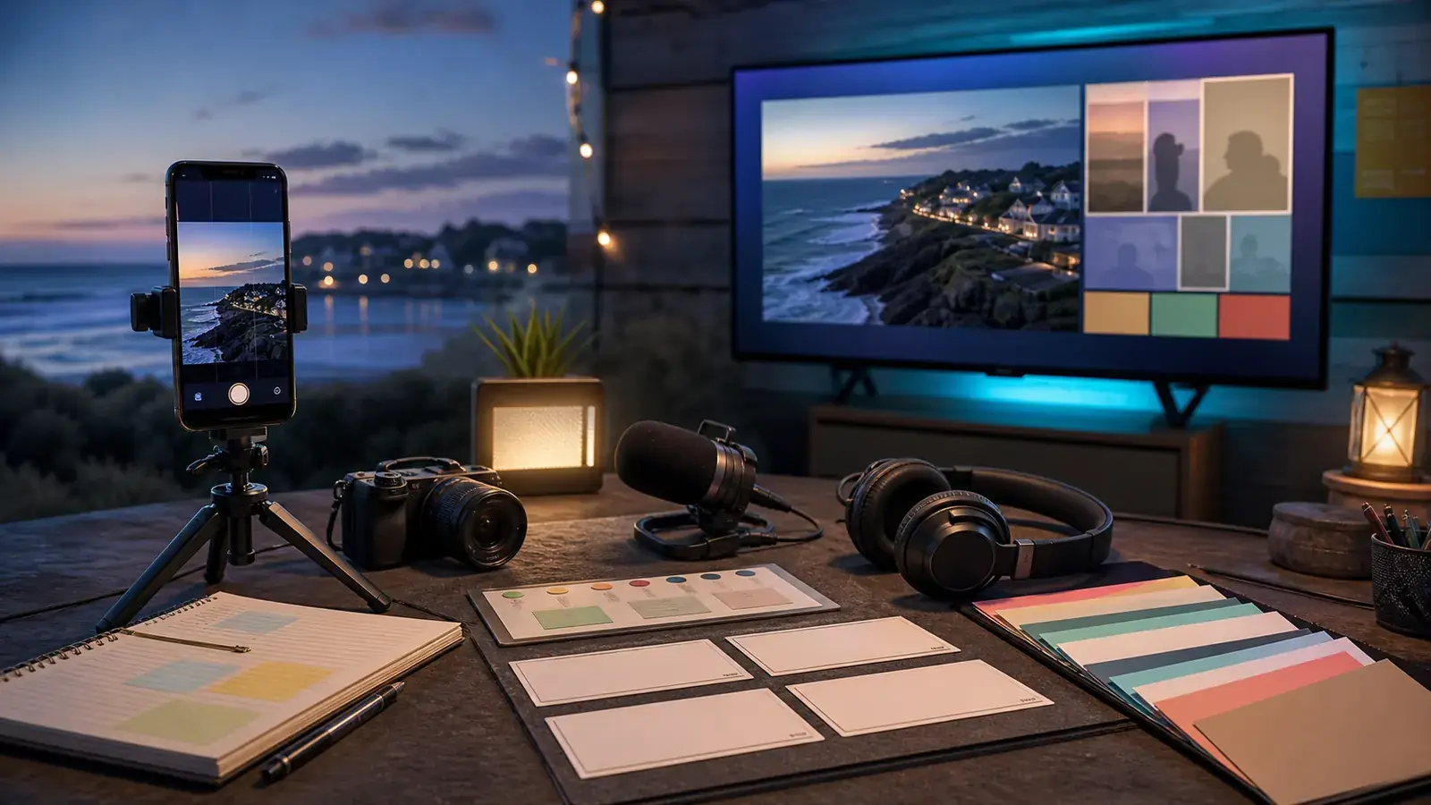 Concept art of a phone tripod, microphone, storyboard cards and a wide screen for hyperlocal media planning.