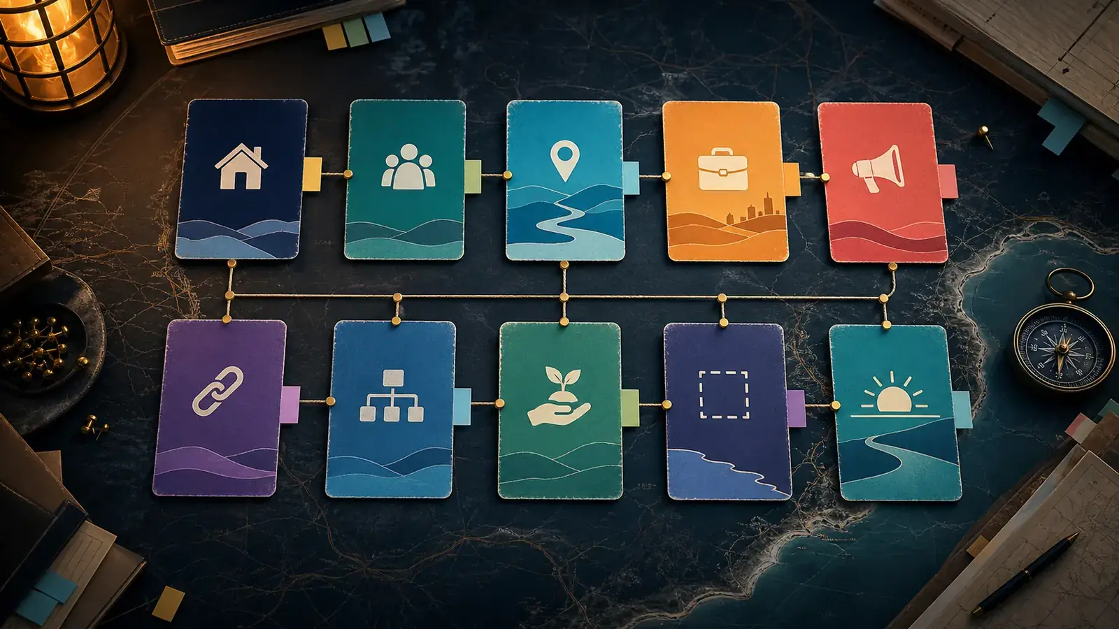 Concept art of a dark tabletop navigation map with connected page cards and public workbench tiles.