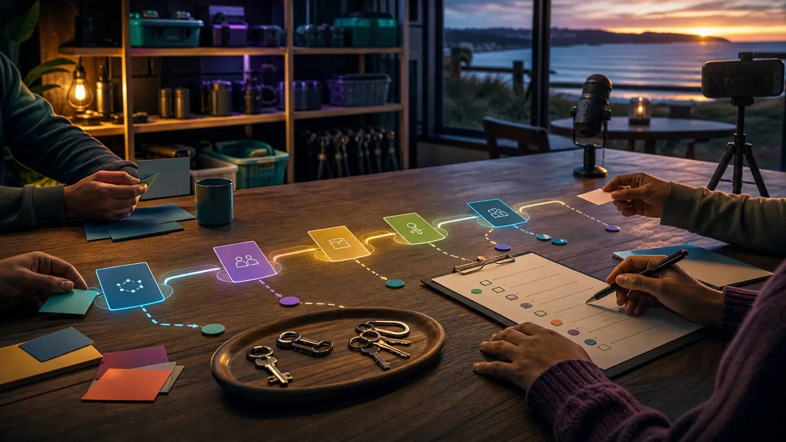 Concept art of hands, shared checklists, keys and careful planning cards on a community worktable.