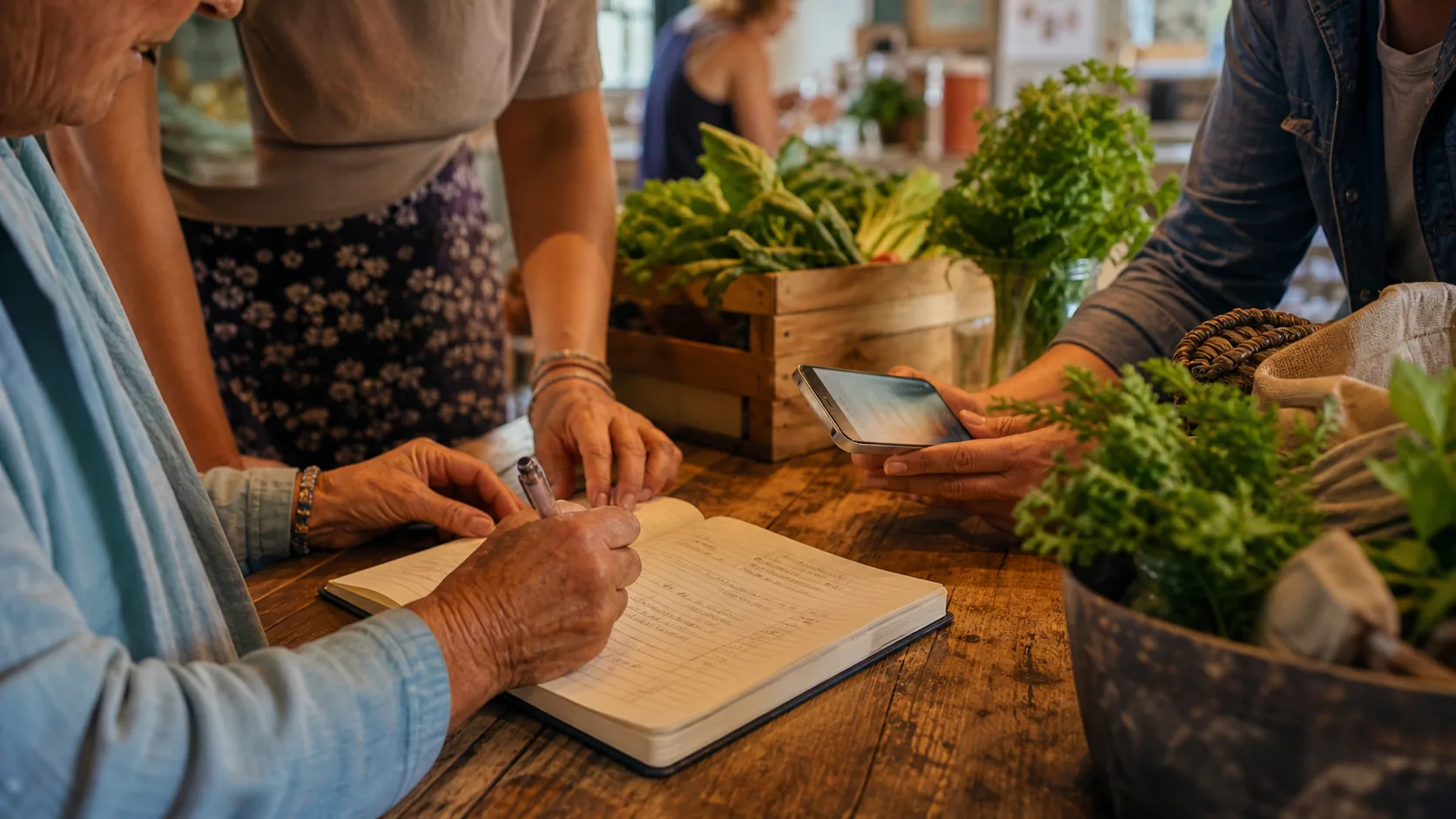 Hands around a table with a paper logbook, food crates and an abstract contribution dashboard.