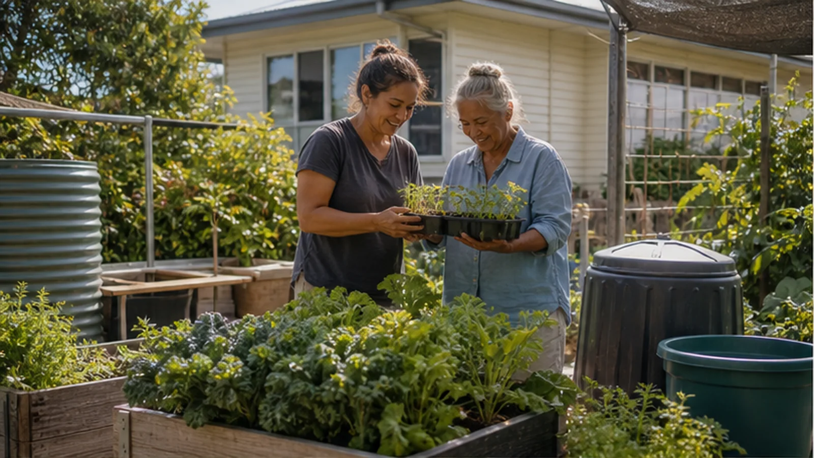 Two neighbours holding seedlings in a practical coastal backyard food garden.
