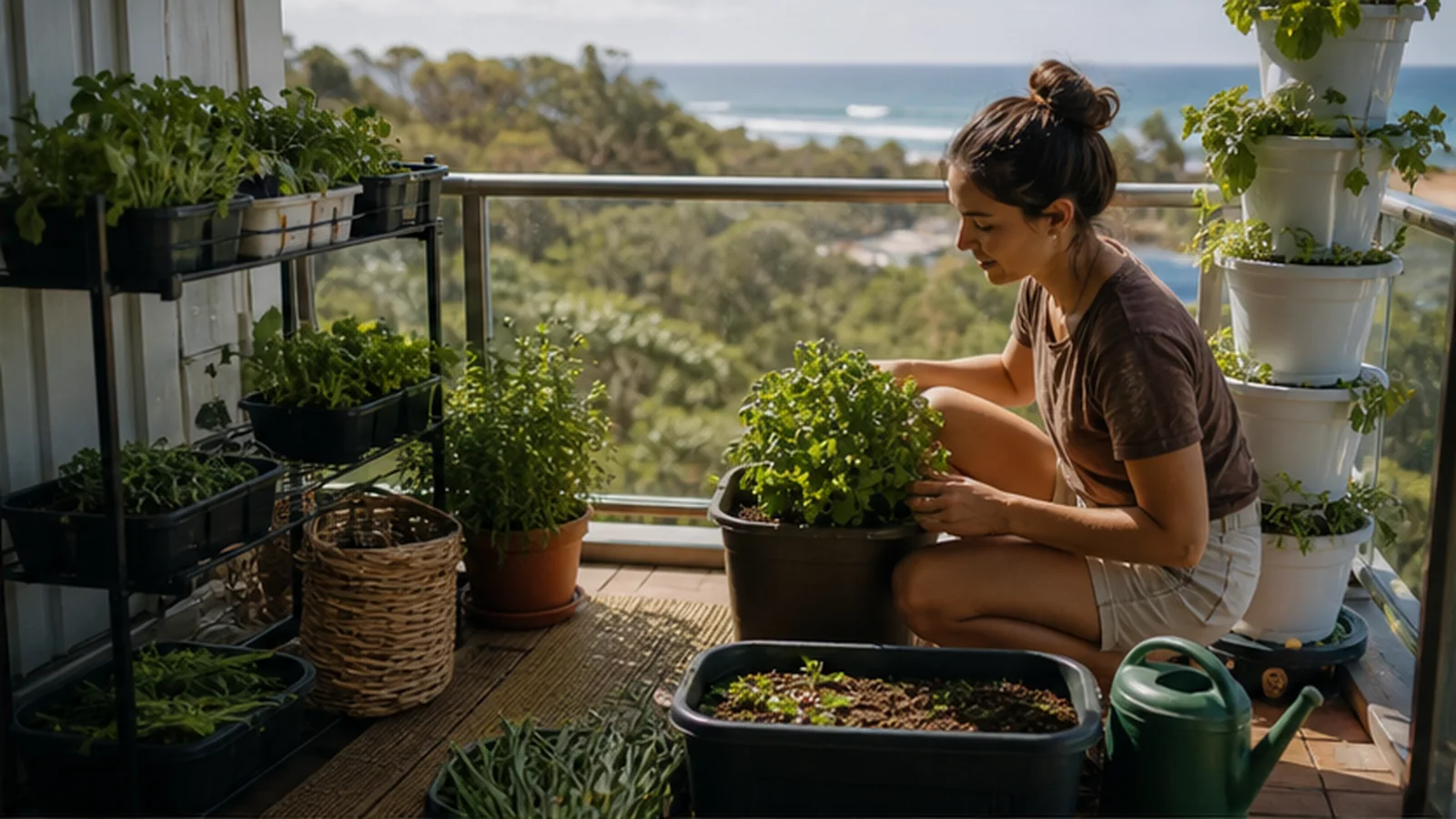 A compact coastal balcony with pots, herbs, microgreens and wicking containers.