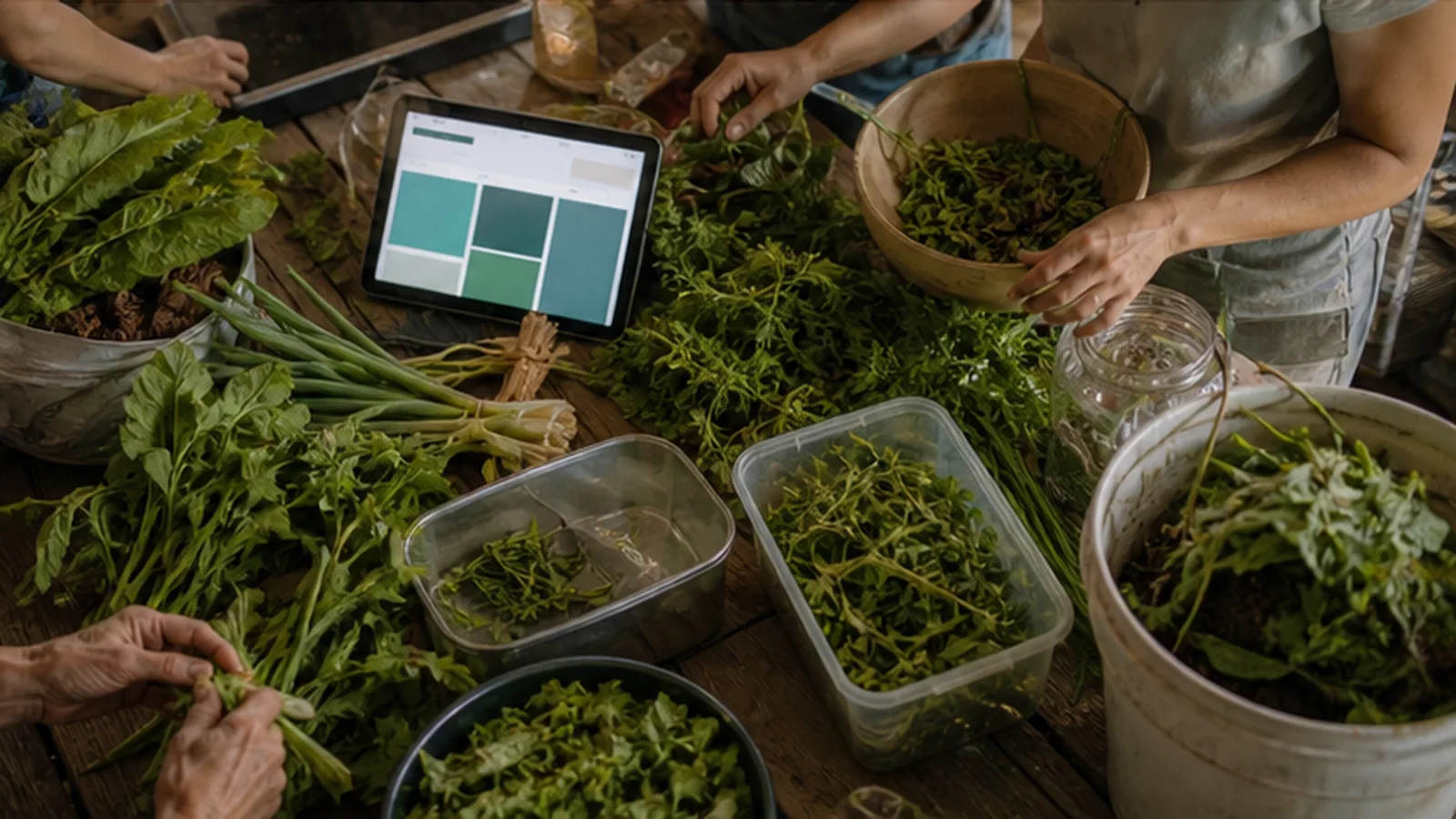 Hands sorting leafy greens, herbs and containers beside a tablet with abstract planning blocks.