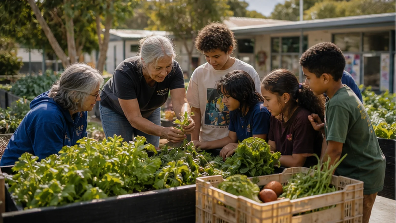 Children and elders learning together around a school or club garden bed.