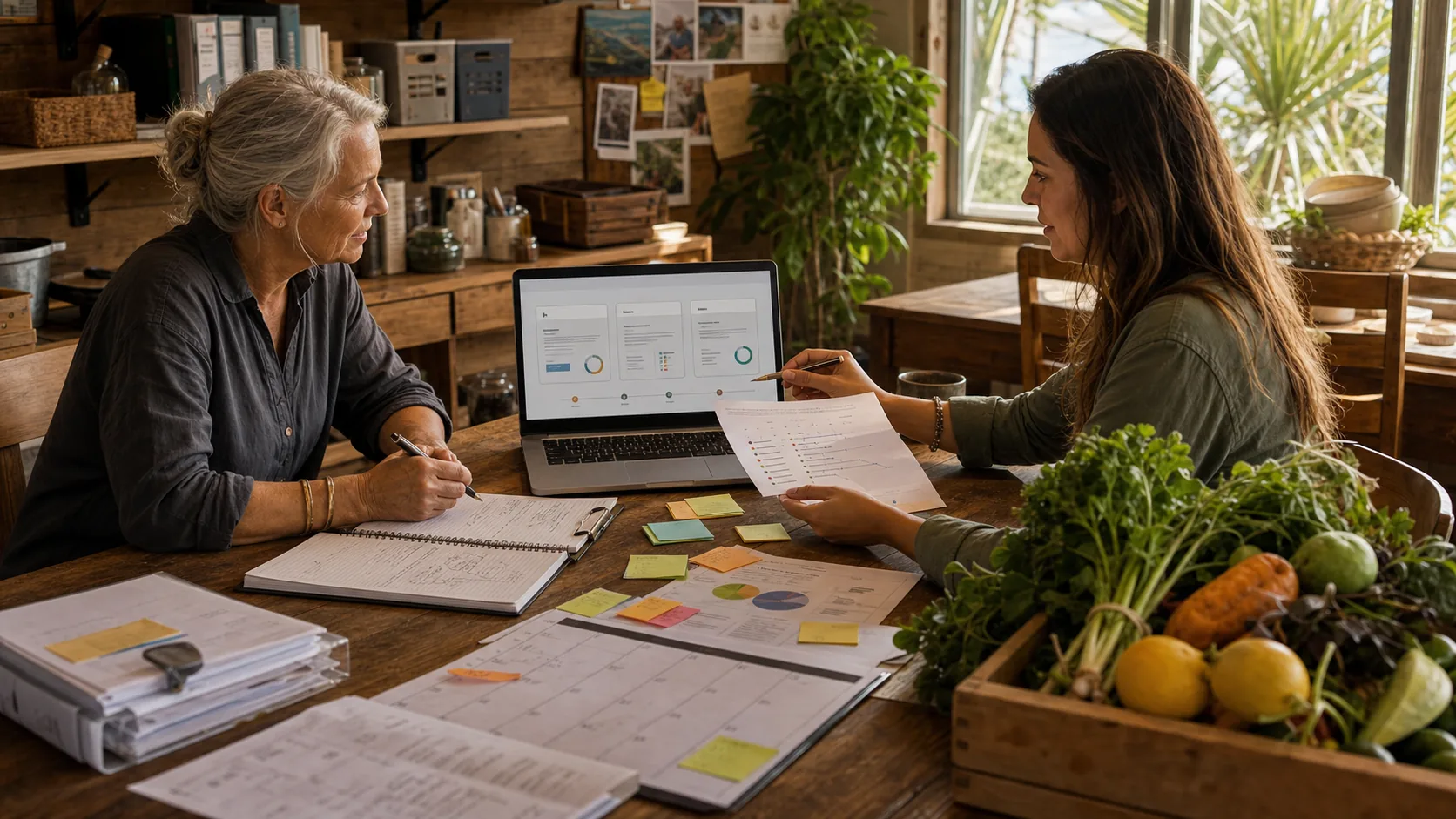 A grants readiness table with produce, paperwork, calendar and laptop in an island community workspace.