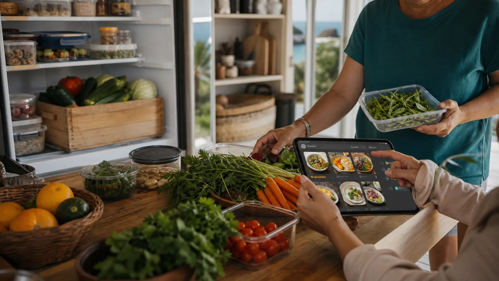 A calm kitchen bench with pantry crates, produce and an abstract recipe assistant on a tablet.