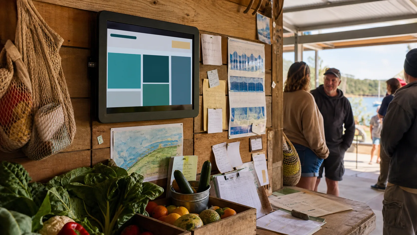A public notice screen beside paper notes and produce crates in an island community setting.