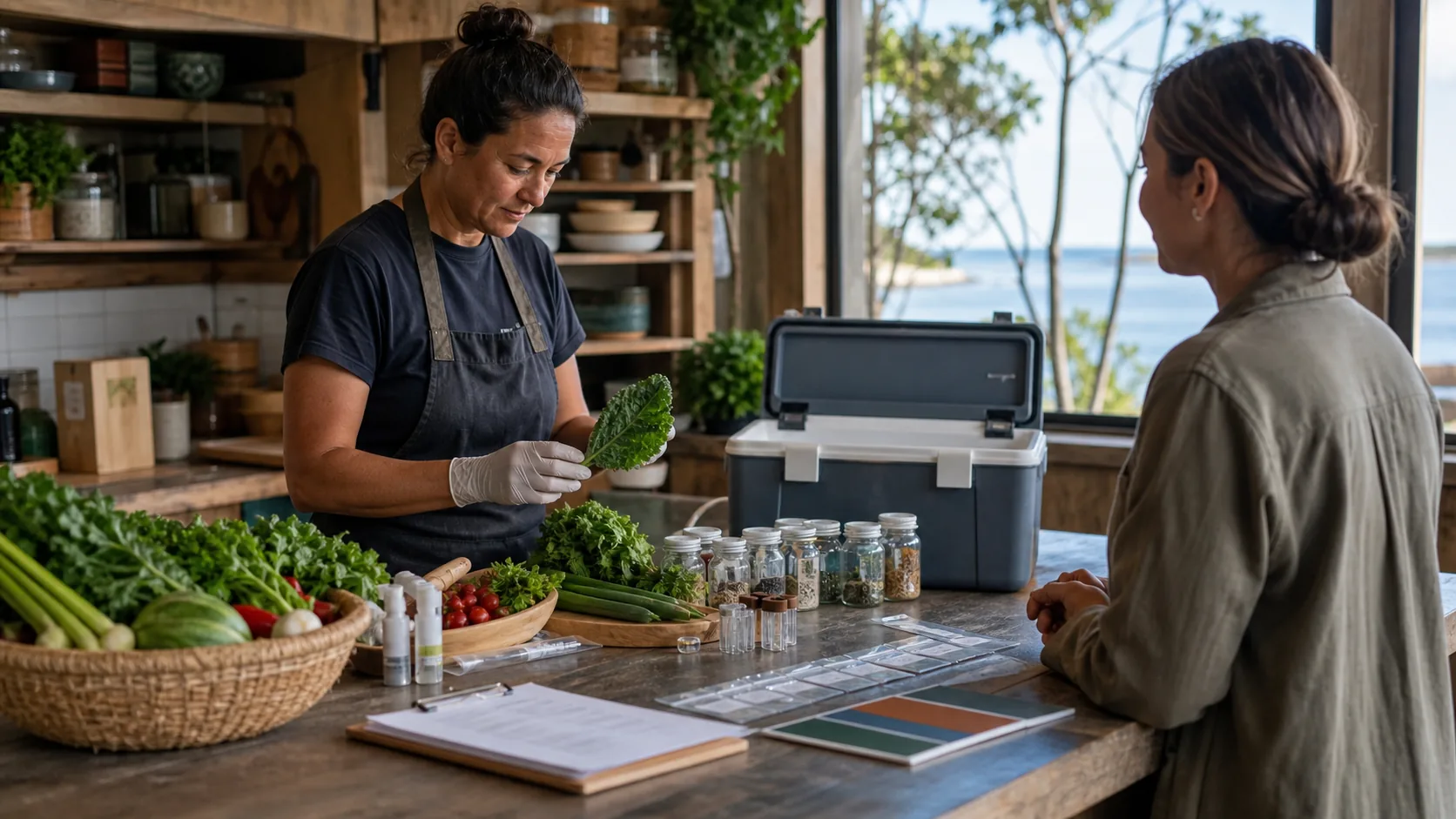 A careful food safety workbench with produce, sample jars, gloves, cooler box and blank forms.
