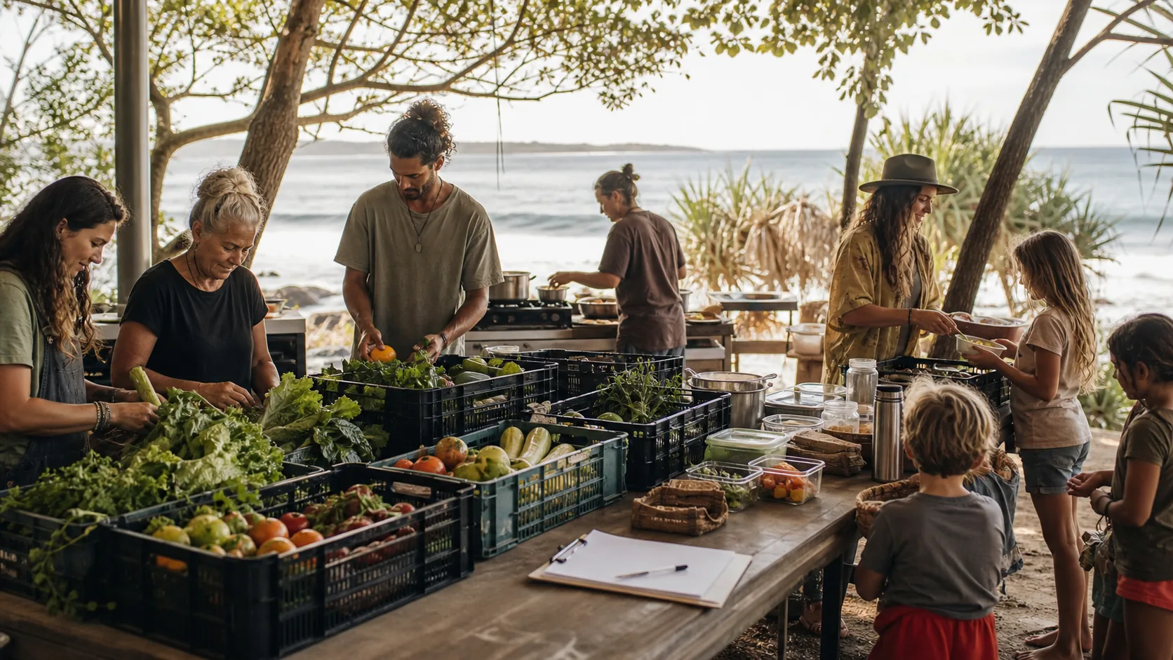 Outdoor community table where people sort surplus produce and prepare for a shared meal.
