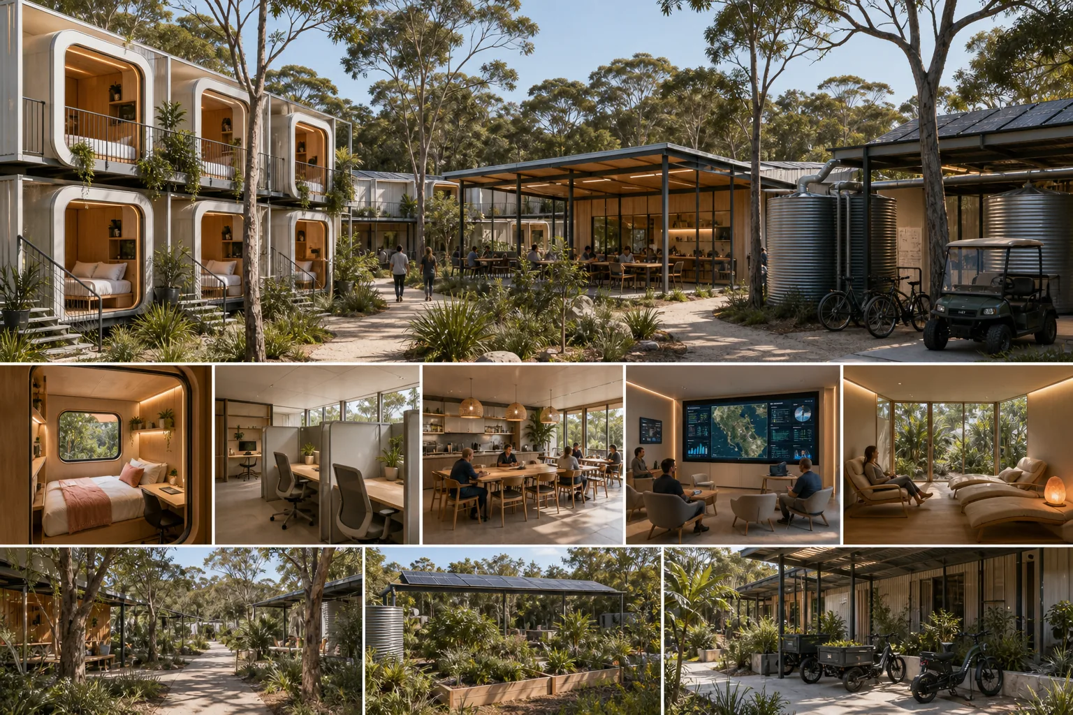 Inland capsule surge lab concept with shared rooms and native trees