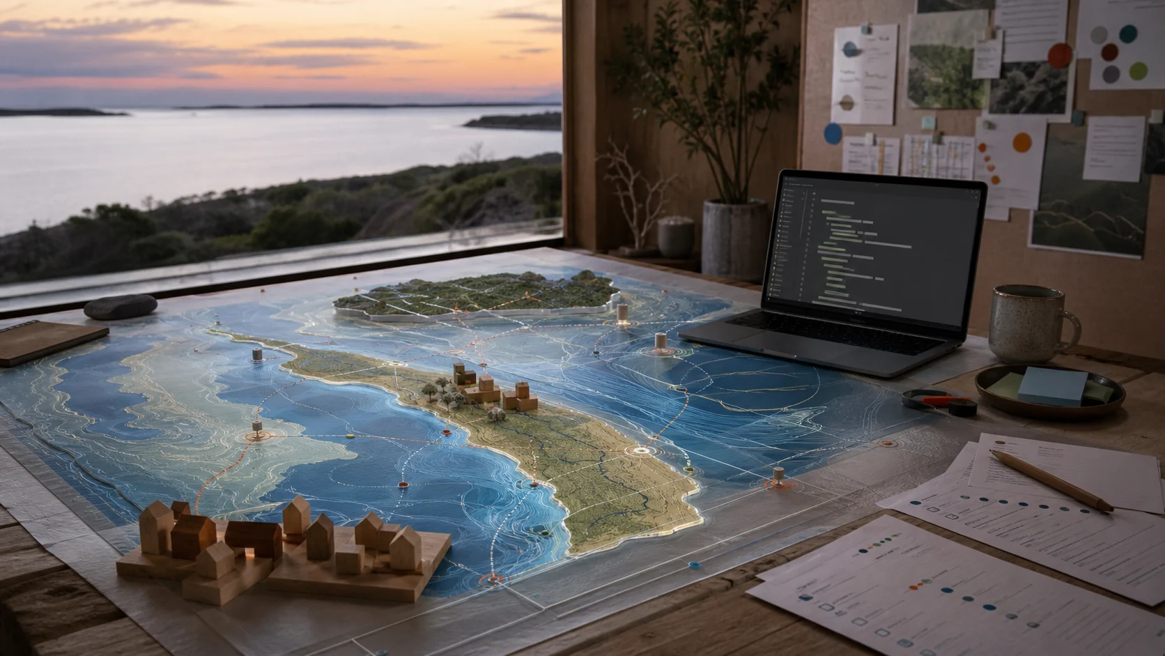 A coastal planning table with layered maps of Minjerribah and Moreton Bay, Markdown forms, small scale blocks and civic simulation notes