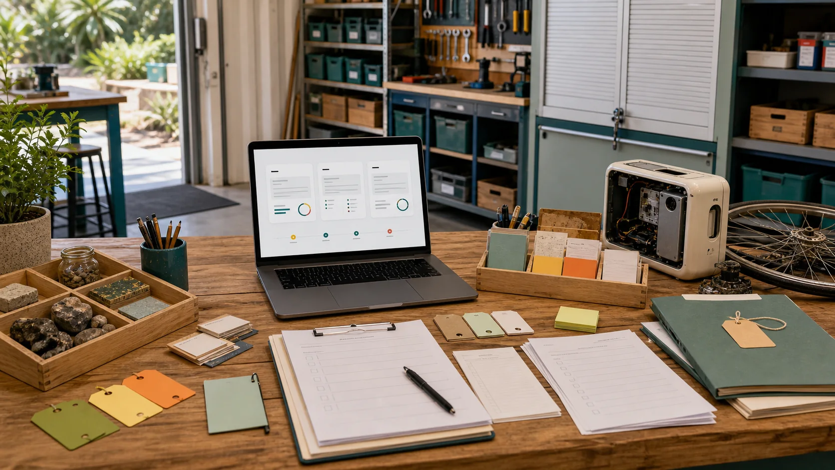 A workshop intake desk with paper forms, a laptop and organised repair parts