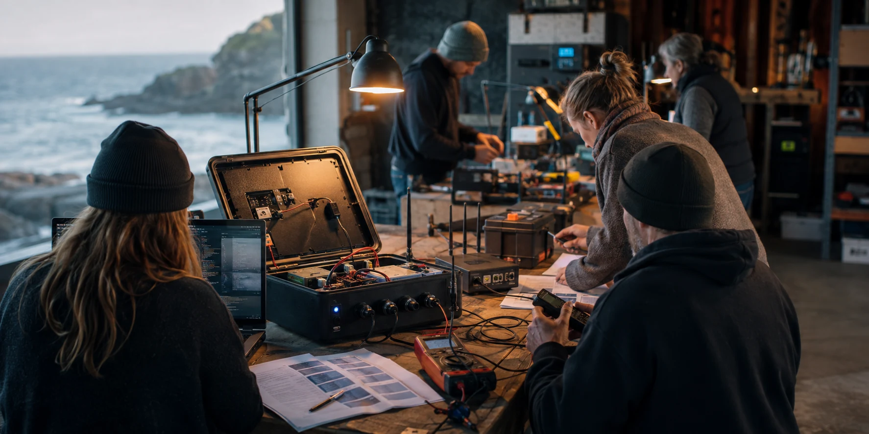 AI-generated concept scene of a team assembling portable edge equipment in a coastal workshop.