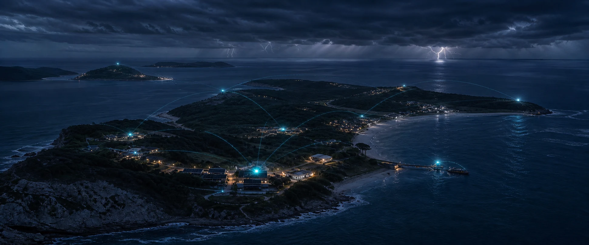 AI-generated aerial concept scene of island communities joined by glowing network paths during a storm.