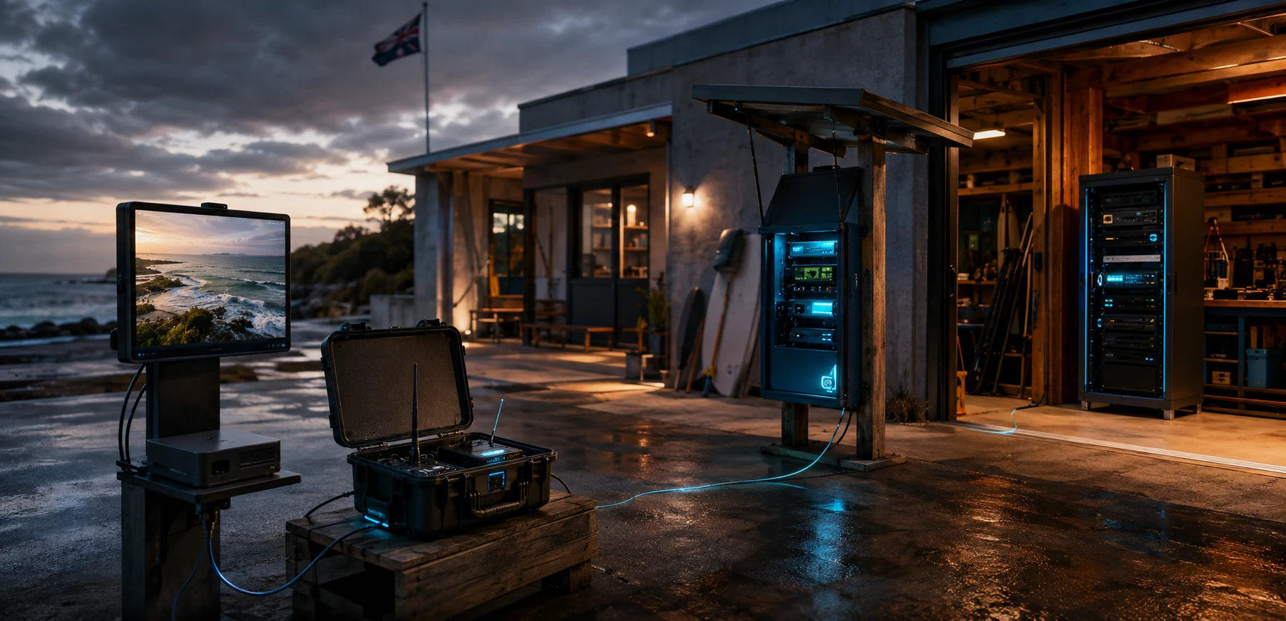 AI-generated concept scene showing several forms of disaster edge equipment outside a coastal workshop.