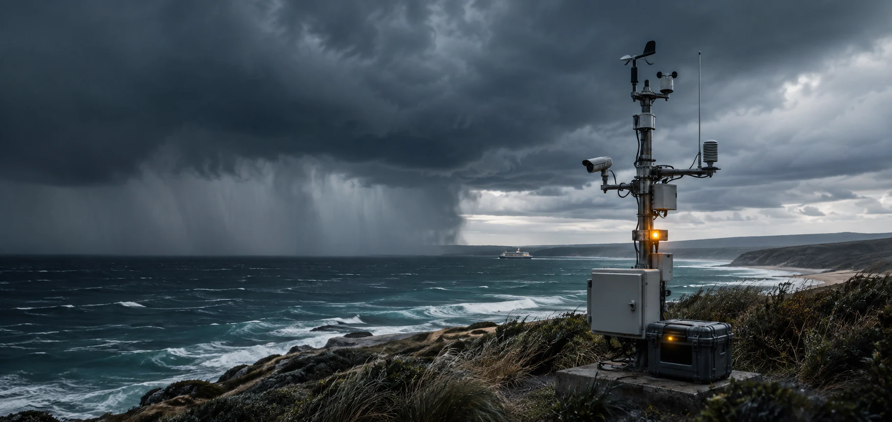 AI-generated concept scene of a weather and camera station on a storm-facing coast.