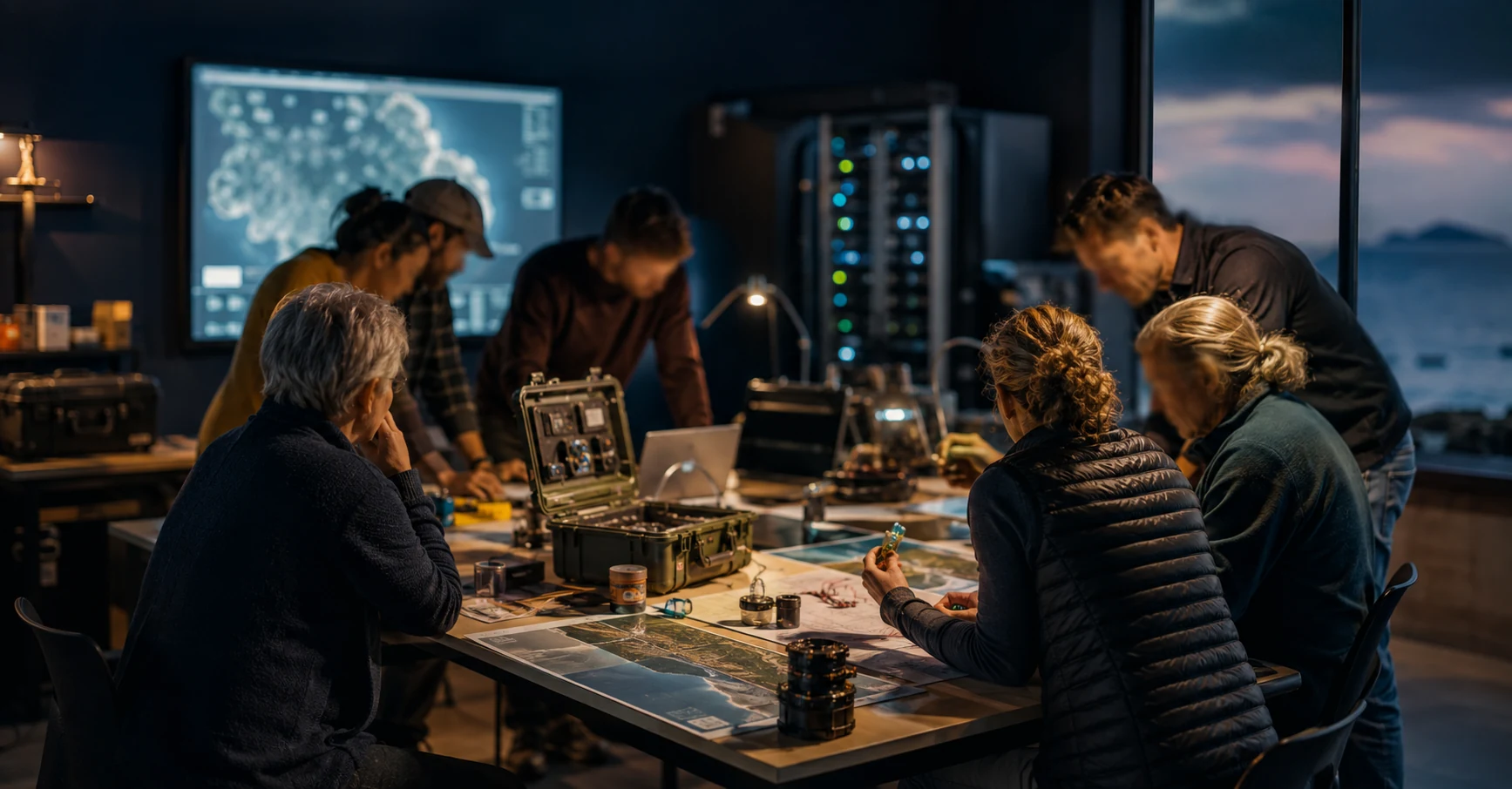 AI-generated concept scene of a community team planning edge infrastructure around a worktable.
