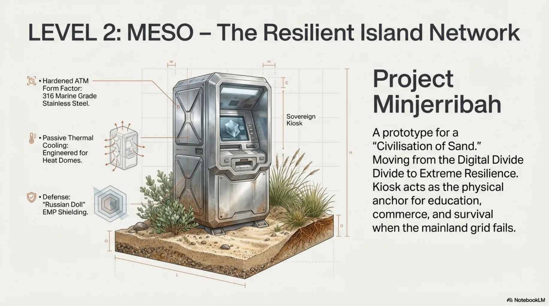 Project Minjerribah concept showing a hardened ATM style kiosk as part of a resilient island network.