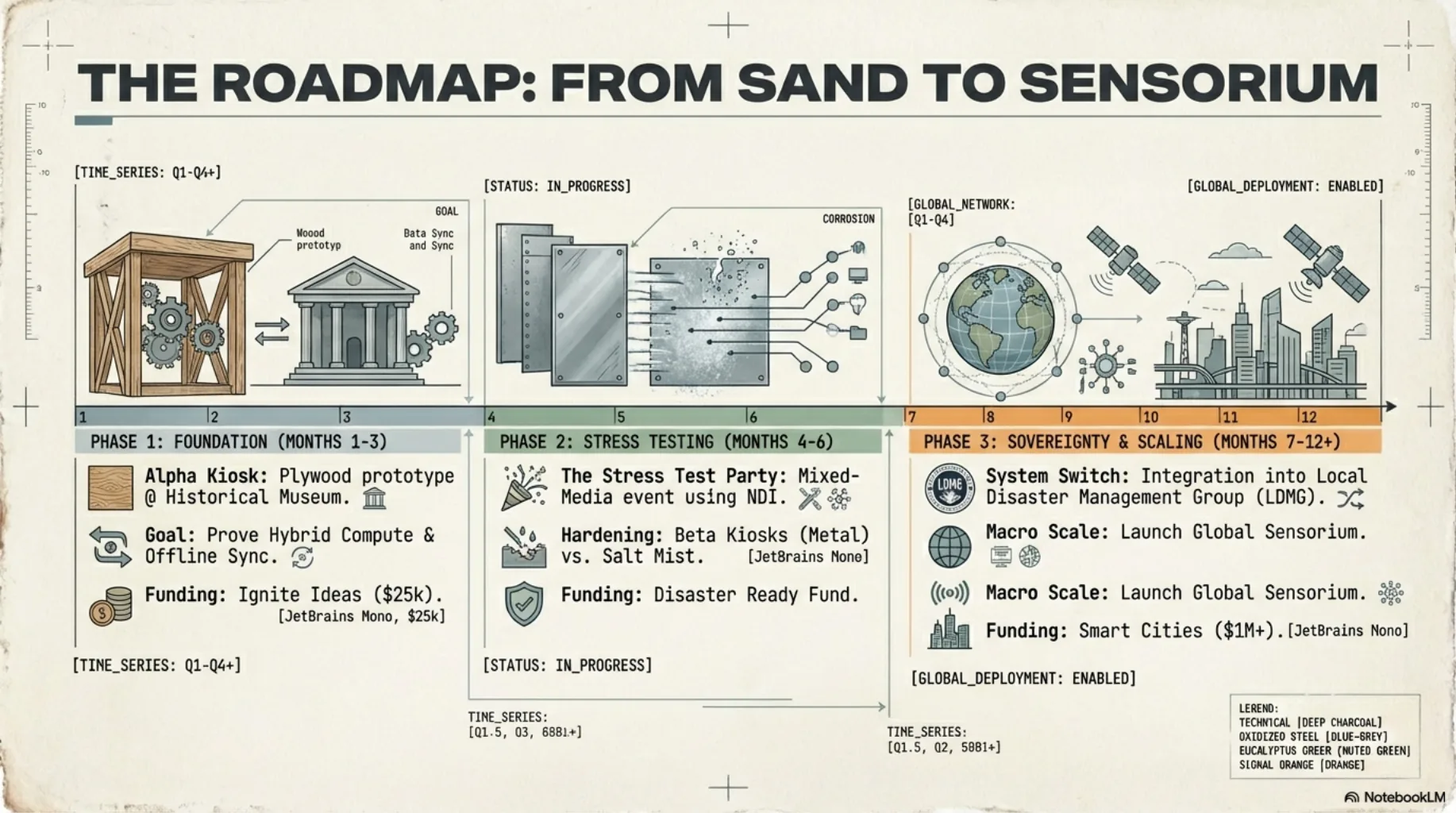 Roadmap diagram showing foundation, stress testing and sovereignty scaling phases for disaster kiosks.