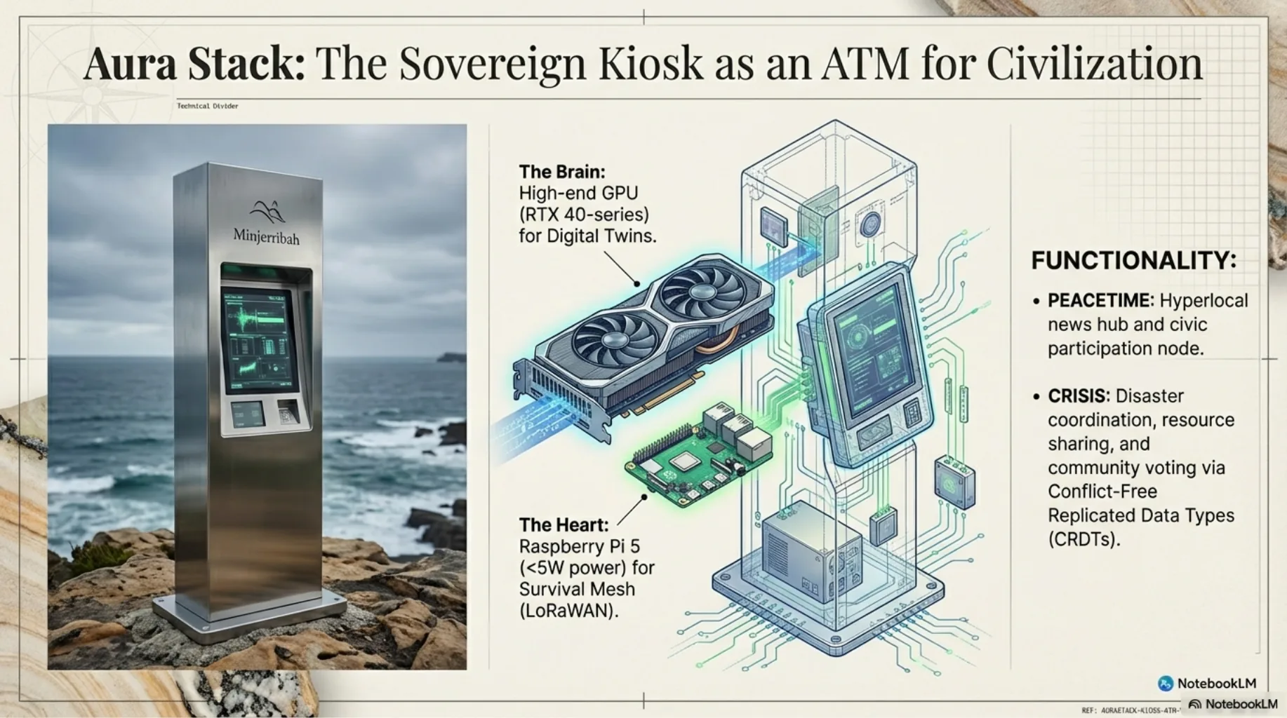 Technical concept image of a sovereign kiosk as an ATM for civilisation, showing GPU, Raspberry Pi and LoRa mesh components.