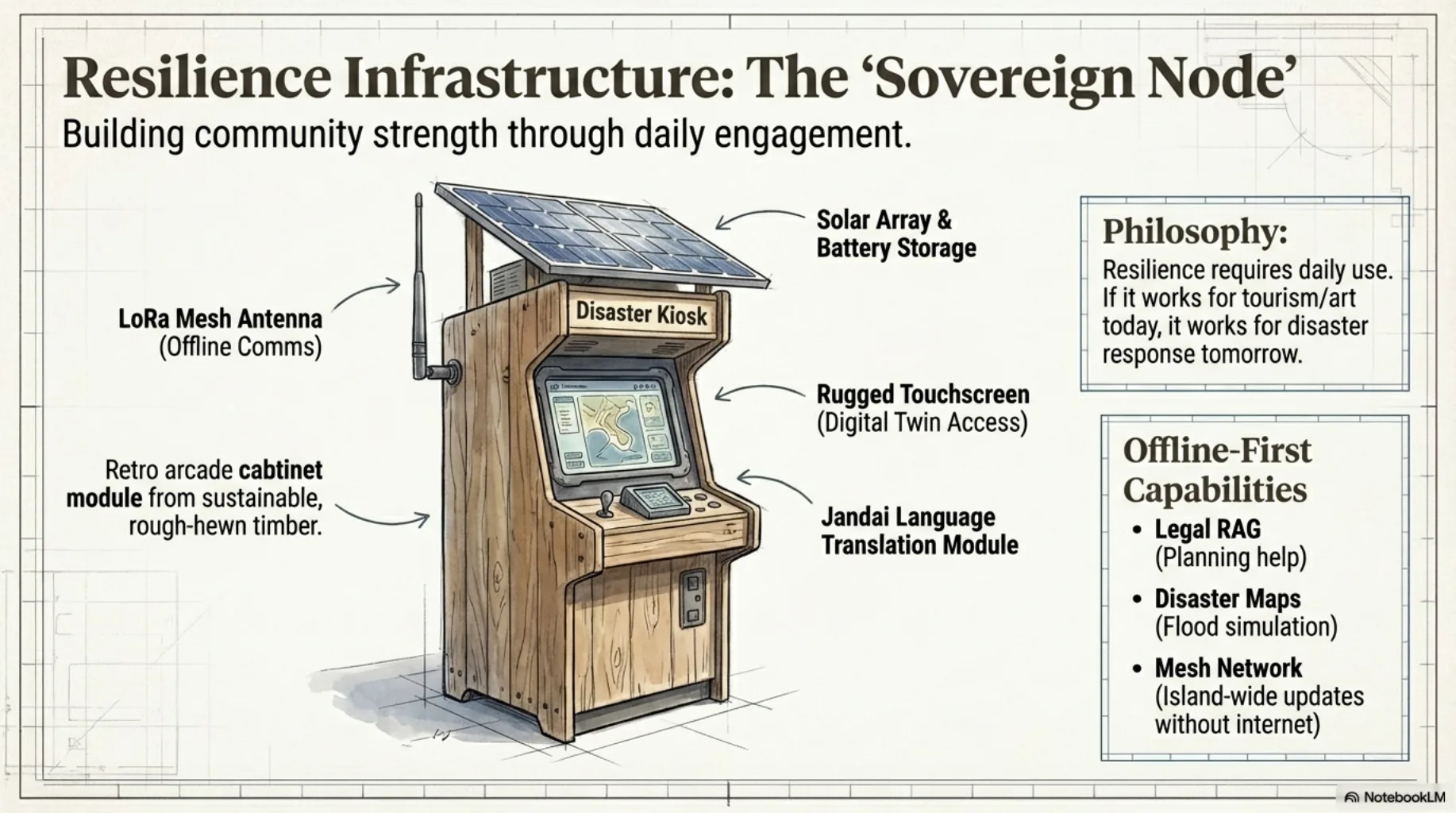 Concept illustration of a timber disaster kiosk with solar panel, mesh antenna, touchscreen and Jandai language module.