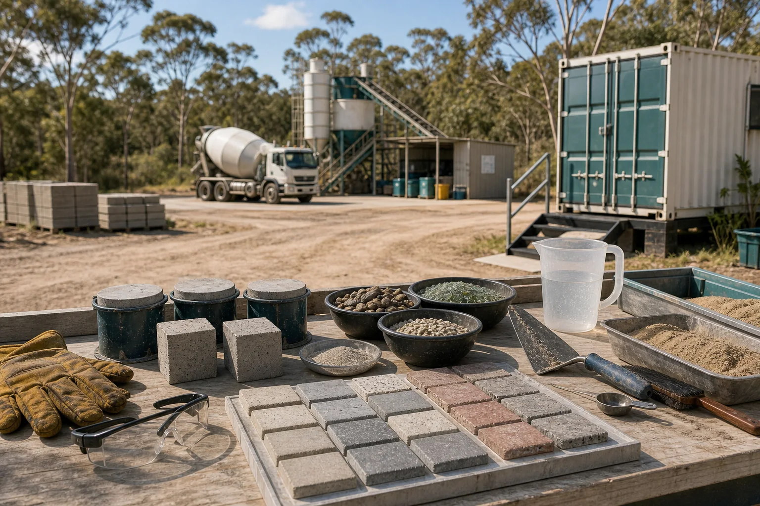 A bushland light-industrial concrete batch-plant test area with sample blocks, tools and material trays.