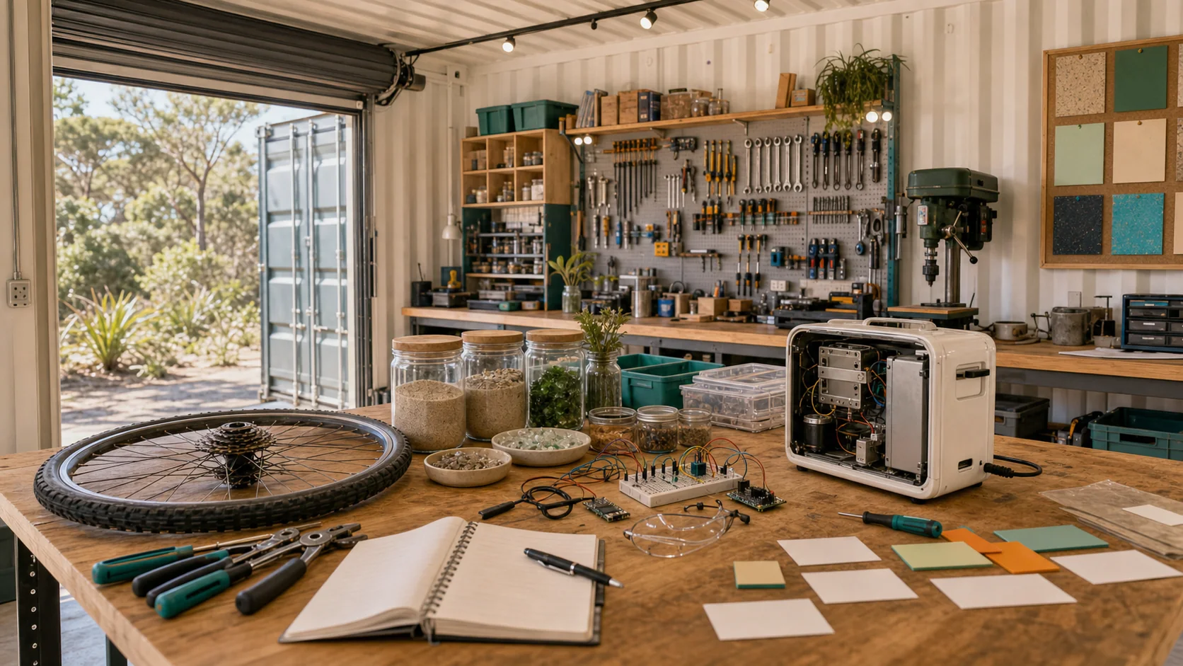 A secure container workshop bench set up for repair, material samples, bike parts and small practical experiments.