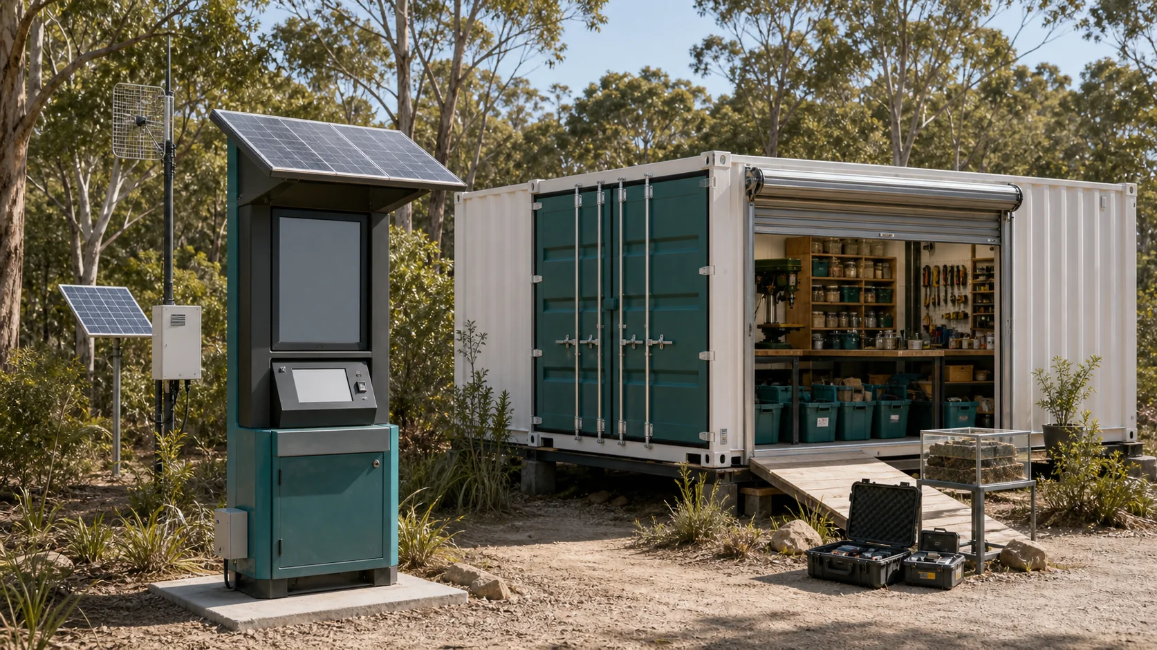 A solar disaster kiosk and local compute node beside a secure container maker-space in Straddie bushland.