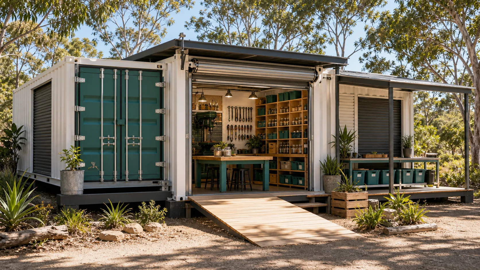 A secure shipping-container maker-space shed on raised footings with a compact workshop, tool storage and bushland around it.